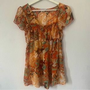 Y2k orange brown blue floral sheer babydoll top